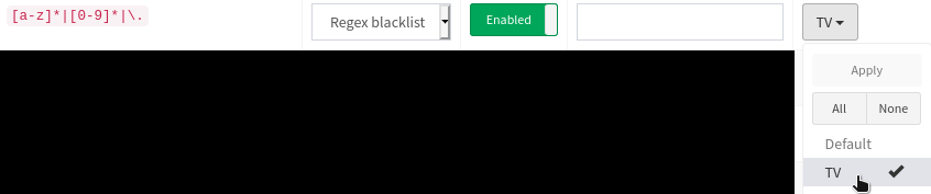 List of blocklists on the Pihole. Ensure that the recently added filter is listed as 'Regex  blacklist', 'Enabled' and in the 'TV' group but not in the 'Default' group.